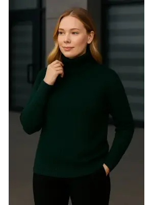 Balıkcı Yaka Bağazlı Triko Kazak Pamuklu Kalın Fitilli Dokuma - Haki