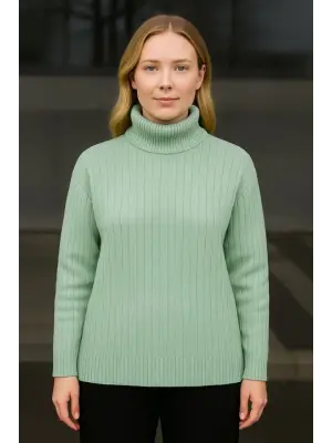 Balıkcı Yaka Bağazlı Triko Kazak Pamuklu Kalın Fitilli Dokuma - Mint Yeşili