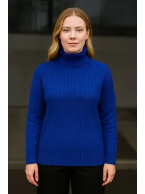 Balıkcı Yaka Bağazlı Triko Kazak Pamuklu Kalın Fitilli Dokuma - Saks Mavisi