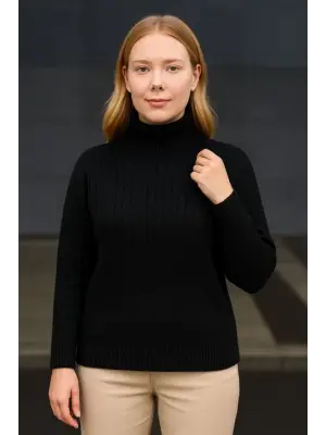 Balıkcı Yaka Bağazlı Triko Kazak Pamuklu Kalın Fitilli Dokuma - Siyah