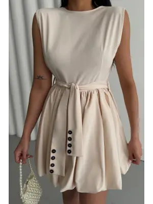 Omarı Şık Balon Etekli Bej Kısa Elbise