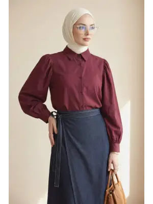 Balon Kol Düğmeli Kısa Poplin Gömlek -Bordo