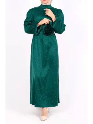 Balon Kol Kemerli Taşlı Saten Elbise  -Zümrüt