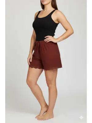 Koyu Taba Bambu Fitilli Kadın Ev Şortu Dantel Detaylı Ev Giyim