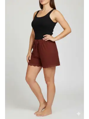 Bambu Fitilli Kadın Ev Şortu Bacak Dantel Detaylı Ev Giyim Koyu Taba