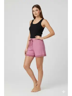 Pembe Bambu Fitilli Kadın Ev Şortu Ev Giyim