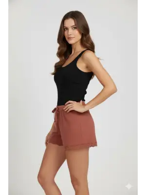 Bambu Fitilli Kadın Ev Şortu Bacak Dantel Detaylı Ev Giyim Taba