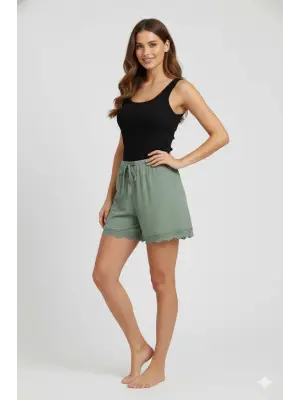 Bambu Fitilli Kadın Ev Şortu Bacak Dantel Detaylı Ev Giyim Yeşil
