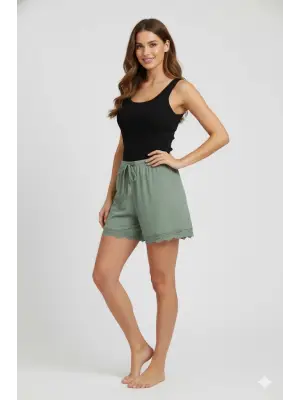 Bambu Fitilli Kadın Ev Şortu Bacak Dantel Detaylı Ev Giyim Yeşil