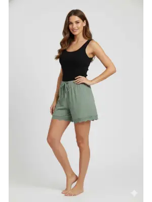 Bambu Fitilli Kadın Ev Şortu Bacak Dantel Detaylı Ev Giyim Yeşil