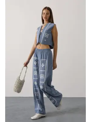 Baskılı Önü Bağlamalı Yelekli Takım - İndigo