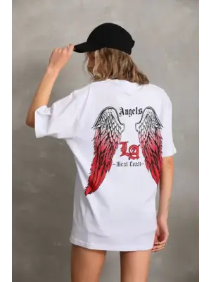 Omarı Yaratıcı Desenli Oversize Beyaz T-Shirt