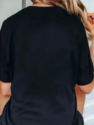 Omarı Şık Baskılı Oversize Bisiklet Yaka T-shirt - Siyah