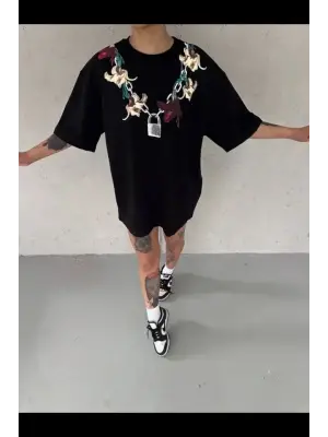 Baskılı T-Shirt Kısa Kol Bisiklet Yaka Regular Rahat Kalıp Günlük Tişört - Siyah