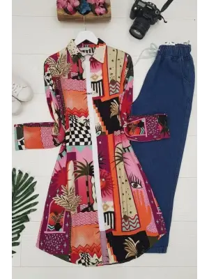 Turuncu Baskılı Uzun Tunik Kadın Giyim