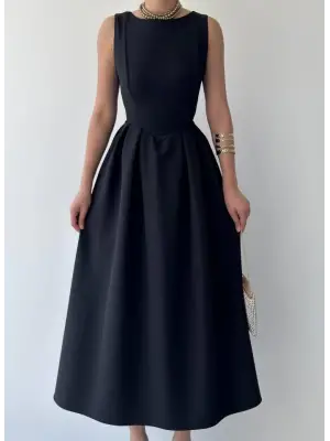 Omarı Zarif Siyah Midi Elbise