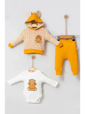 Bear Çizgili % 100 Pamuk Hırkalı 3lü Bebek Takımı