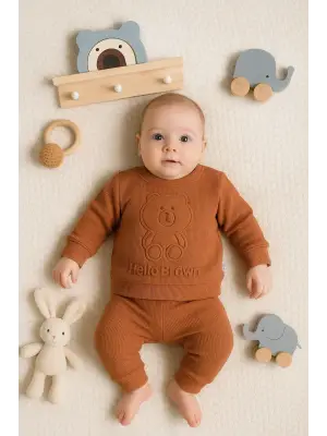 Bear Gofre Kabartmalı 2li Erkek Bebek Takımı