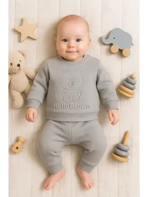 Bear Gofre Kabartmalı 2li Erkek Bebek Takımı