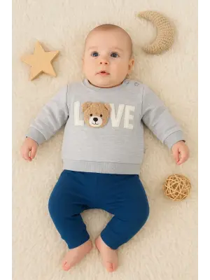 Bear Love Nakışlı % 100 Pamuklu 2li Erkek Takım