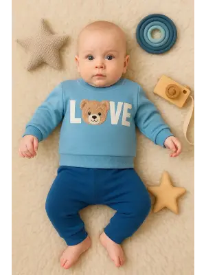 Bear Love Nakışlı % 100 Pamuklu 2li Erkek Takım