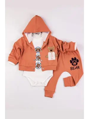 Bear Nakışlı Kapişonlu Erkek Bebek Takım