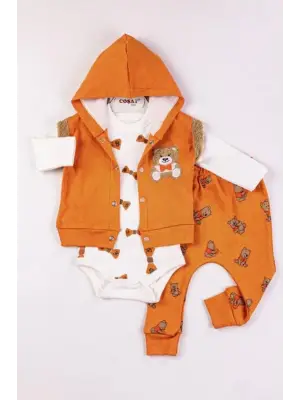 Bear Nakışlı Yelekli 3lü Erkek Bebek Takımı