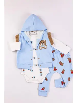 Bear Nakışlı Yelekli 3lü Erkek Bebek Takımı