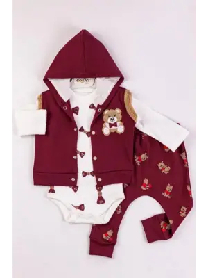 Bear Nakışlı Yelekli 3lü Erkek Bebek Takımı