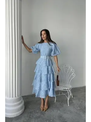 Bebe Mavi Kat Kat Balon Kollu Kemerli Elbise