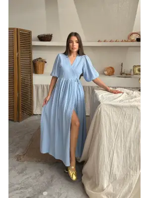 Omarı Mavi Müslin Uzun Elbise