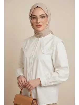 Bebe Yaka Dantel Detaylı Düğmeli Poplin Gömlek  -Ekru