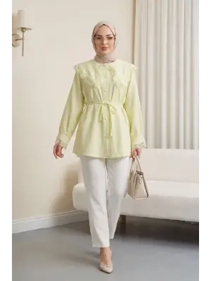 Bebe Yaka Fistolu Beli Bağcıklı Modal Tunik  -Açık Sarı