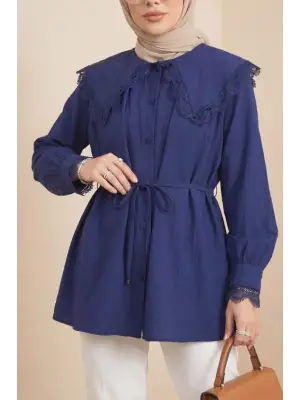 Bebe Yaka Fistolu Beli Bağcıklı Modal Tunik  -Laci