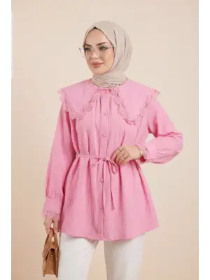 Bebe Yaka Fistolu Beli Bağcıklı Modal Tunik -Pembe