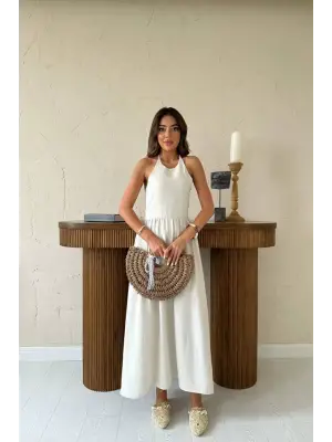 Omarı Keten Elbise Bej Arkalı ve Gipeli