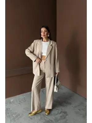 Bej Çizgili Ceket Ve Pantolon Takım