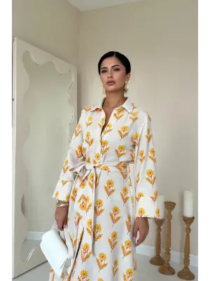 Bej Desenli Ve Önü Düğmeli Keten Elbise