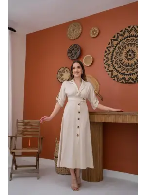 Bej Düğmeli Keten Elbise