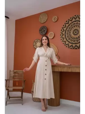 Bej Düğmeli Keten Elbise