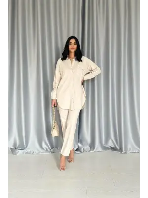Bej Gömlek Ve Çıtçıtlı Pantolon Takım