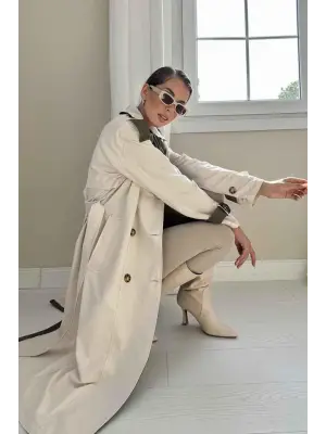 Bej Haki Arkası Çizgili Ve Kemerli Trençkot