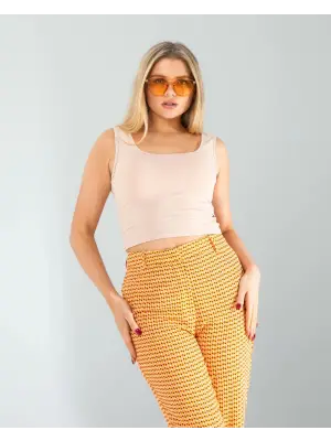 Omarı Kare Yaka Bej Basic Bluz