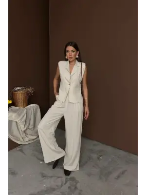 Bej Keten Yelek Pantolon Takım