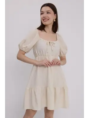 Bej Kloş Keten Elbise 2351