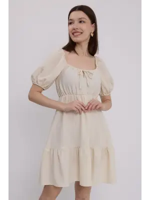 Bej Kloş Keten Elbise 2351