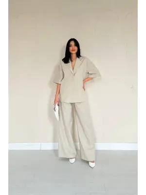 Bej Önü Tek Düğmeli Ceket Pantolon Takım