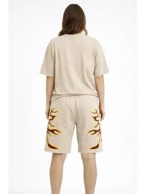 Bej Oversize Baskılı Tişört Şort Takım Cepli Şort Yazlık Rahat Günlük Kombin - Bej