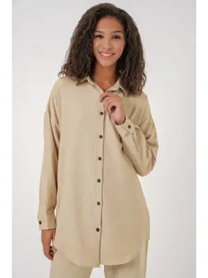 Bej Oversize Keten Alt Üst Takım 6622