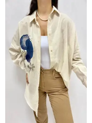 Bej Taş İşlemeli Keten Gömlek